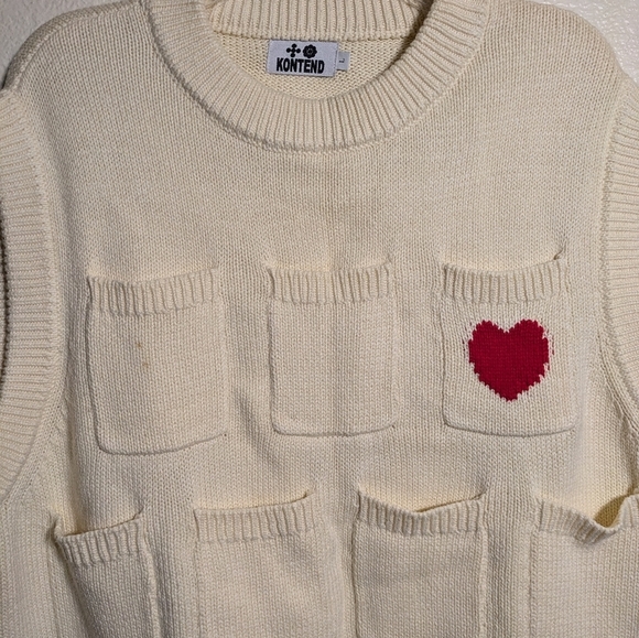 KONTEND knitted vestChic Cream Sleeveless Sweater with Red Heart - Picture 6 of 9